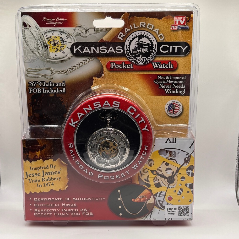 Kansas City Railroad Pocket Watch Jesse James Silver Tone 26 Chain